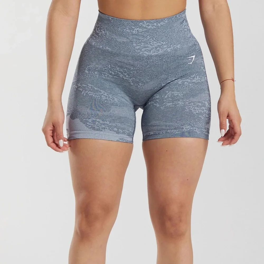 Gymshark Blue Gray Camo Seamless High-Waist Athletic Shorts - Picture 1 of 5